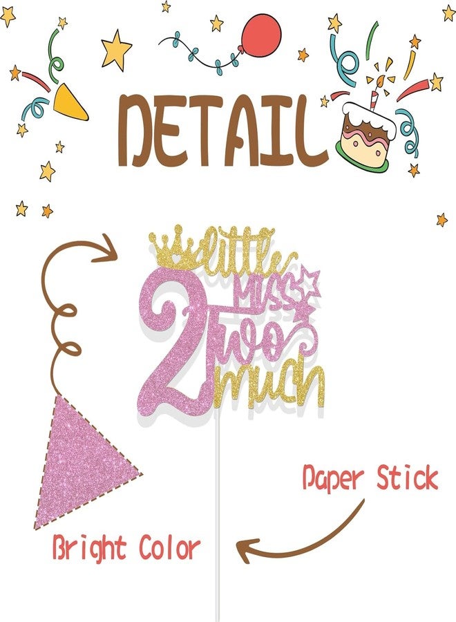 Confetti! Little Miss Two Much Cake Topper Girls 2nd Birthday Party Decorations Gold & Pink Glitter Baby Shower Party Cake Decor Baby Girl Two Years Old Birthday Party Supplies - Image 3
